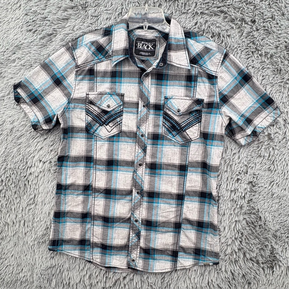 Buckle Shirt Mens Medium Pearl Snap Western Short Sleeve Gray Black Thick Stitch